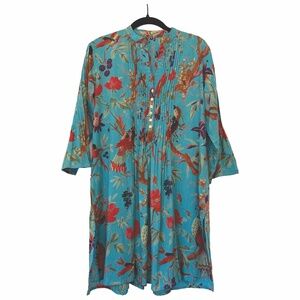 Boho Tropical Bird Floral Caftan Dress Blue Red Festival Tunic M/L